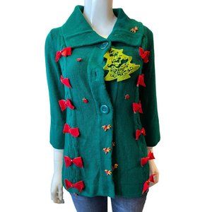 Effeci Women Vintage 1980s Christmas Cardigan Sweater Reindeer Tree Bells Blue S